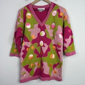 Renso Fabiani Sweater Women Medium Pink Abstract 3/4 Sleeve Retro Colorblock 80s